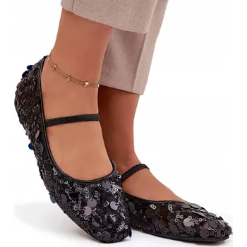 Dámské baleríny DÁMSKÉ BALERÍNKY ZDOBENÉ CEKINAMI S PÁSKEM ČERNÉ PLOCHÉ VEL. 36