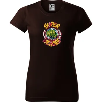 Dámské tričko levne-damske-bavlnene-tricko-potisk-superheroes Velikost dámská trička Basic: XXL šířka 59, délka 69, Odstín dámské tričko Basic: Čokoládové