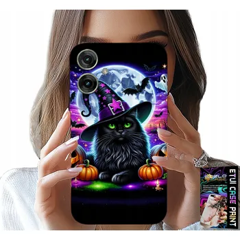 Pouzdro na mobilní telefon POUZDRO PRO MOTOROLA MOTO G55 - ČERNÁ KOČIČKA HALLOWEEN SALEM DÝNĚ