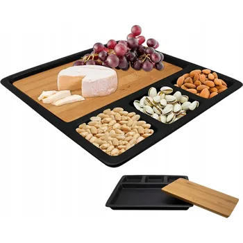 Servírovací prkénko/podnos na sýry a chuťovky s bambusovým podnosem, čtverec, černé
