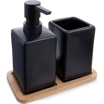 Dávkovač mýdla Sada DO KOUPELNY dávkovač tekutého mýdla kelímek podložka černá bambusová