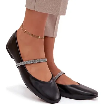 Dámské baleríny BALERÍNKY Z EKO KŮŽE S PÁSKY A TŘPYTIVÝMI ZIRKONY ČERNÉ 38