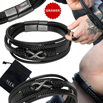Náramek PÁNSKÝ KOŽENÝ NÁRAMEK S GRAVÍROVÁNÍM GRAVÍROVÁNÍ ČERNÝ SYMBOL NEKONEČNA 19 CM