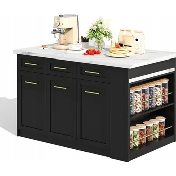 Jídelní stůl Kuchyňský ostrov, rozkládací jídelní stůl, příborník černý – design bílý mramor