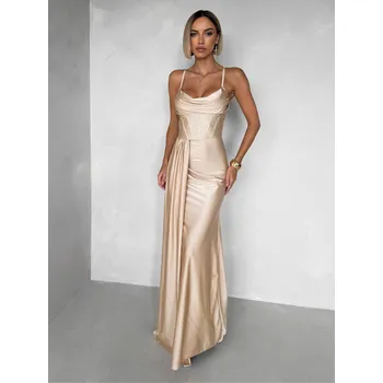 Dámské šaty Béžové zlaté společenské dlouhé šaty SATIN s rozparkem Velikost: ONESIZE