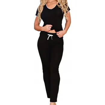 Dámské noční prádlo Pyžamo Komplet Seram M Černé Viskózové Dlouhé Kalhoty Kapsy Pyžamko