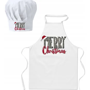 Kuchyňská zástěra Kuchyňská zástěra a kuchařská čepice s vánočním motivem Merry Christmas, kostkovaná