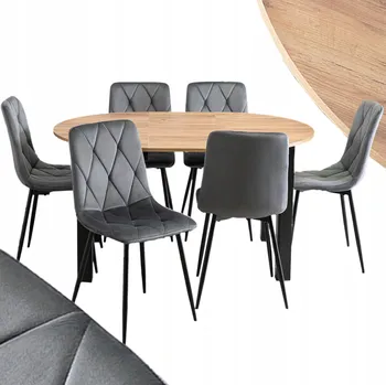 Jídelní stůl Sada: Rozkládací kulatý stůl Mebel Elite dub craft-černý a 6 židlí šedé