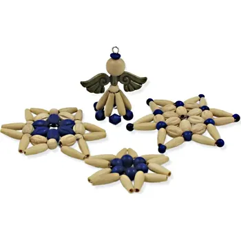 Vánoční ozdoba Lenka Barčiová Dřevěné ozdoby na stromeček přírodně-modré – sada 12 ks