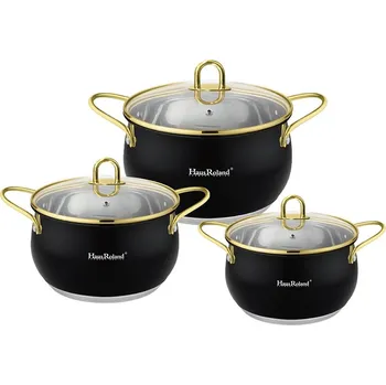 Sada nádobí HAUS ROLAND sada nerezového nádobí 6 dílná, barva matná černá s pozlacenými úchyty