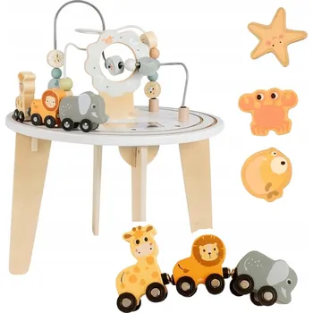 Dřevěná hračka Dřevěný vzdělávací stolek 2v1 interaktivní manipulační senzorický s dráhou