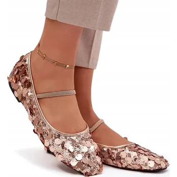 Dámské baleríny DÁMSKÉ BALERÍNKY ZDOBENÉ CEKINAMI S PÁSKEM, PLOCHÉ, ŠAMPAŇSKÉ BARVY, VELIKOST 39