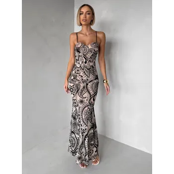 Dámské šaty Béžové dlouhé společenské šaty AVENZIA na ramínka Velikost: S/M