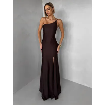 Dámské šaty Hnědé společenské dlouhé šaty GAREVIA s rozparkem Velikost: ONESIZE