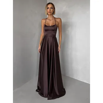 Dámské šaty CELLINES dlouhé plesové společenské šaty se šněrováním a rozparkem hnědé L