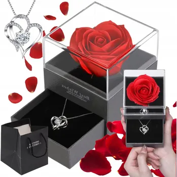 Přívěsek NÁHRDELNÍK SRDCE STABILIZOVANÁ RŮŽE VALENTÝN DÁREK ŽENA PŘÍVĚSEK RŮŽE KRABIČKA