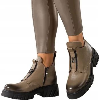 Dámská zimní obuv KOTNÍKOVÉ BOTY Béžové Dámské KOŽENÉ Kotníkové Boty na Platformě s Ozdobnou Gumou vpředu vel. 38