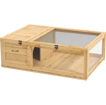 PawHut Dřevěný želví domek, výběh pro želvy s hlavními domky, odklápěcí střecha, 91 x 60,5 x 32 cm, žlutý