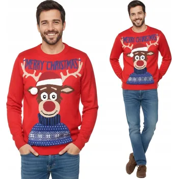 Pánský svetr Vánoční pánský svetr červený sob s čepicí a 3D bambule vánoční L