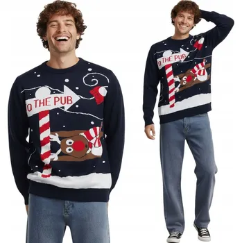 Pánský svetr Pánský vánoční svetr sob tmavě modrý TO THE PUB vánoční zábavný XXL