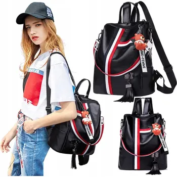 Městský batoh DÁMSKÝ MĚSTSKÝ BATOH ČERNÝ PROSTORNÝ ŠKOLNÍ 2v1 VODĚODOLNÝ stylový přívěsek na klíče