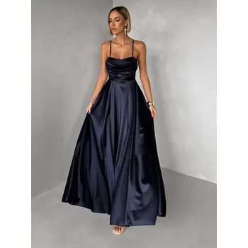 Dámské šaty Tmavě modré saténové dlouhé společenské šaty LUNOREX Velikost: ONESIZE