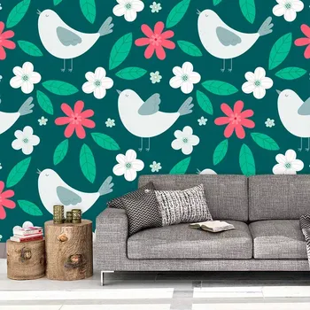 Tapeta Sablio Tapeta Červené kvítí s ptáčky - 125x75 cm