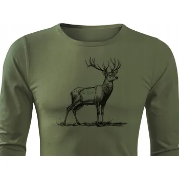 Pánské tričko Lovecká khaki tričko s rukávem pro lov s potiskem jelena BYK vel. XL