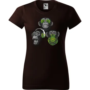 Dámské tričko levne-damske-bavlnene-tricko-potisk-tri-opice Velikost dámská trička Basic: M šířka 47, délka 63, Odstín dámské tričko Basic: Čokoládové
