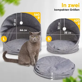 Pelíšek pro psa Pro kočky Pelíšek , domeček s tunelem, šedý, skládací, 2 v 1, velikost L