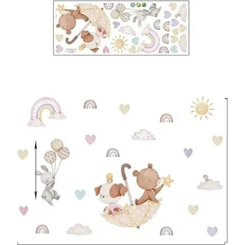 Samolepící dekorace Samolepka na zeď 81 x 55,3 cm Medvídek s pejskem v deštníku a králíček Průsvitná dětská nástěnná dekorace z matného vinylu Roztomilá výzdoba pokoje