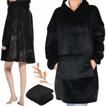 Dámská mikina S kapucí Deka Mikina XXL Měkká dlouhá chlupatá Mikinová Deka černá