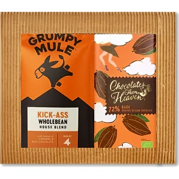 Káva Grumpy Mule BIO dárkový balíček výběrové zrnkové kávy Arabica a hořké čokolády