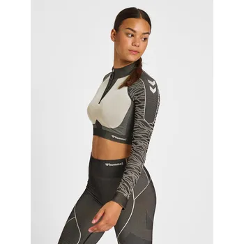 Dámská mikina HUMMEL Dámský cropped sweatshirt s 1/2 zipem bez švů Hummel MT Mila BÉŽOVÁ|ČERNÁ