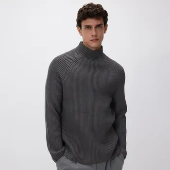 Pánský svetr Reserved - Svetr z&nbsp;žebrované pleteniny s&nbsp;nízkým stojáčkem - tmavě šedá - 101FR-90X - 101FR-90X-XXL