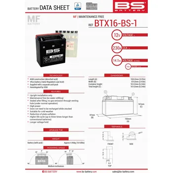 Motobaterie Akumulátor BS BTX16-BS1 (YTX16-BS-1) 12V 14AH