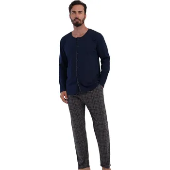 Pánské pyžamo Pánské pyžamo modré pro plnoštíhlé celopropínací kárované 1P2032 modrá 1xl