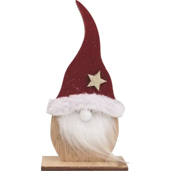 Vánoce ANDĚL Dřevěná dekorace skřítek s červenou čepicí a svítícím nosem LED 19 cm