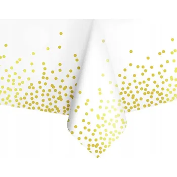 ubrus Jednorázový ubrus bílý s motivem zlatých teček, konfety, na narozeniny, 137 x 274 cm