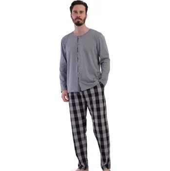 Pánské pyžamo šedé bavlněné s kostkovanými kalhotami pro plnoštíhlé 1P2027 šedá 2xl