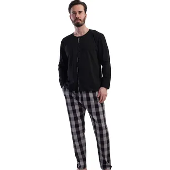 Pánské pyžamo Pánské pyžamo bavlněné černé pro plnoštíhlé celopropínací kostkované 1P2028 černá 3xl