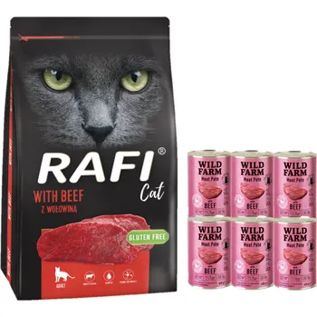 Krmivo pro kočku DOLINA NOTECI Rafi Cat suché krmivo pro kočky s hovězím masem 7kg + WILD FARM Pate with Beef 6x400g