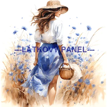Látkový panel - Žena v chrpovém poli - DZ-54 Velikost: 15x15cm, Materiál: Teplákovina nepočesaná