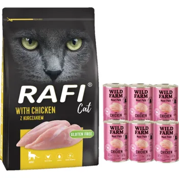 Krmivo pro kočku DOLINA NOTECI Rafi Cat suché krmivo pro kočky s kuřecím masem 7kg + WILD FARM Pate with Chicken 6x400g