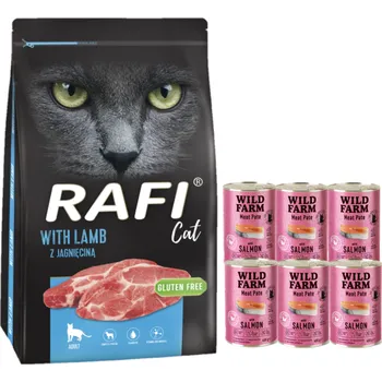 Krmivo pro kočku DOLINA NOTECI Rafi Cat suché krmivo pro kočky s jehněčím masem 7kg + WILD FARM Pate with Salmon 6x400g