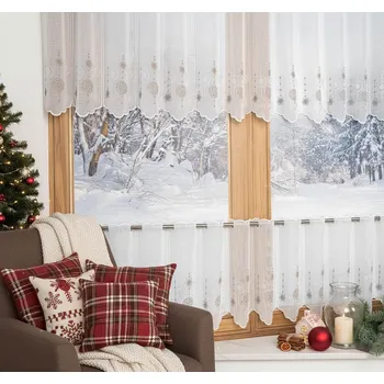 Záclona Vitrážová záclona vánoční polyesterový batist 66157/001, VÁNOČNÍ BAŇKY, béžový vyšívaný vzor na bílé, výška 60cm (v metráži)