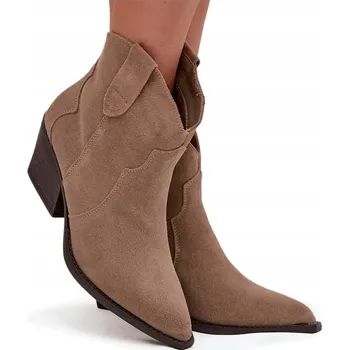 Dámská zimní obuv KOTNÍKOVÉ BOTY Z PŘÍRODNÍHO SEMIŠE KOVBOJSKÉ BOTY ZATEPLENÉ BÉŽOVÉ 39