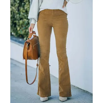 Dámské kalhoty Dámské elastické manšestrové zvonové kalhoty - S Barva: Žlutá, Velikost: S