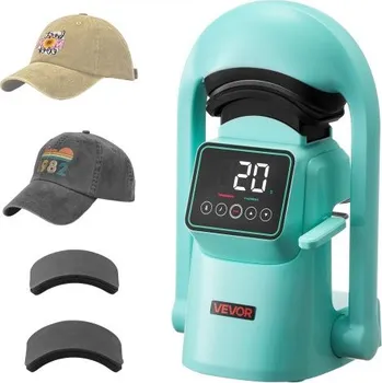 Čepice VEVOR Termolis na čepice Auto, se 2 vyměnitelnými deskami, automatické otevírání a uvolňování, dotyková obrazovka pro přesné ovládání času a teploty, termotransferový potisk na čepice a klobouky, zelená