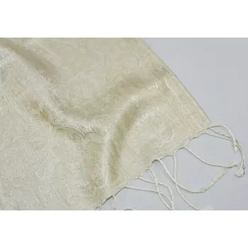 Šála Hedvábná šála Jamawar střední - Smetanová a okrově hnědá s ornamenty 3